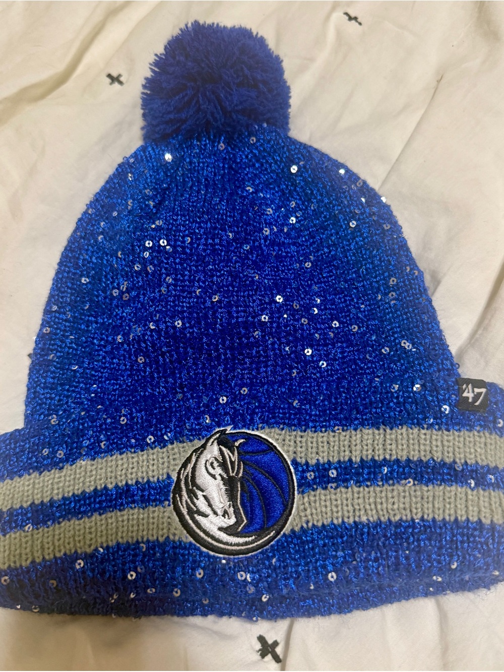 47 Royal Blue Sequin Pom Beanie with Gray Stripes